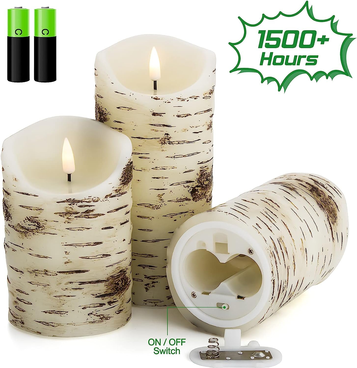 3 Piece Birch Bark Flameless Real Wax Candles with Remote 