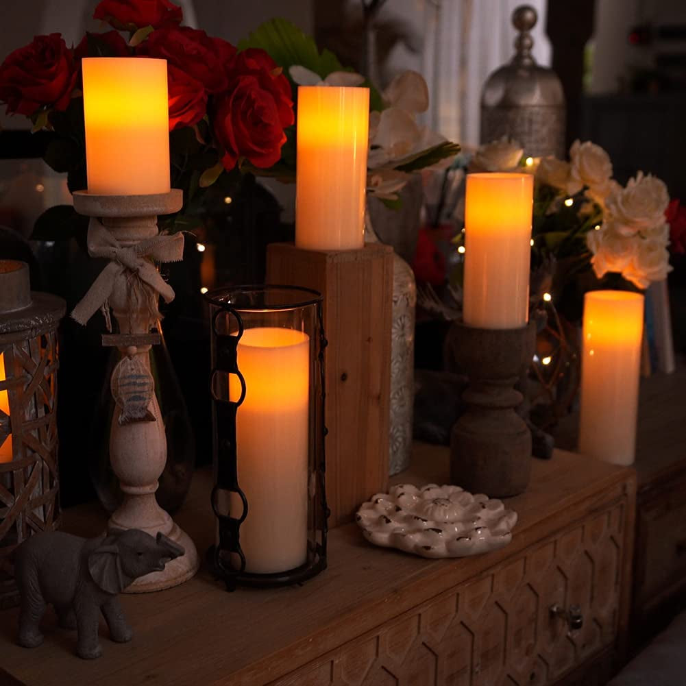  9" Ivory White Wax Flickering Pillar Flameless Candles, Battery Operated with Timer & Remote Controls