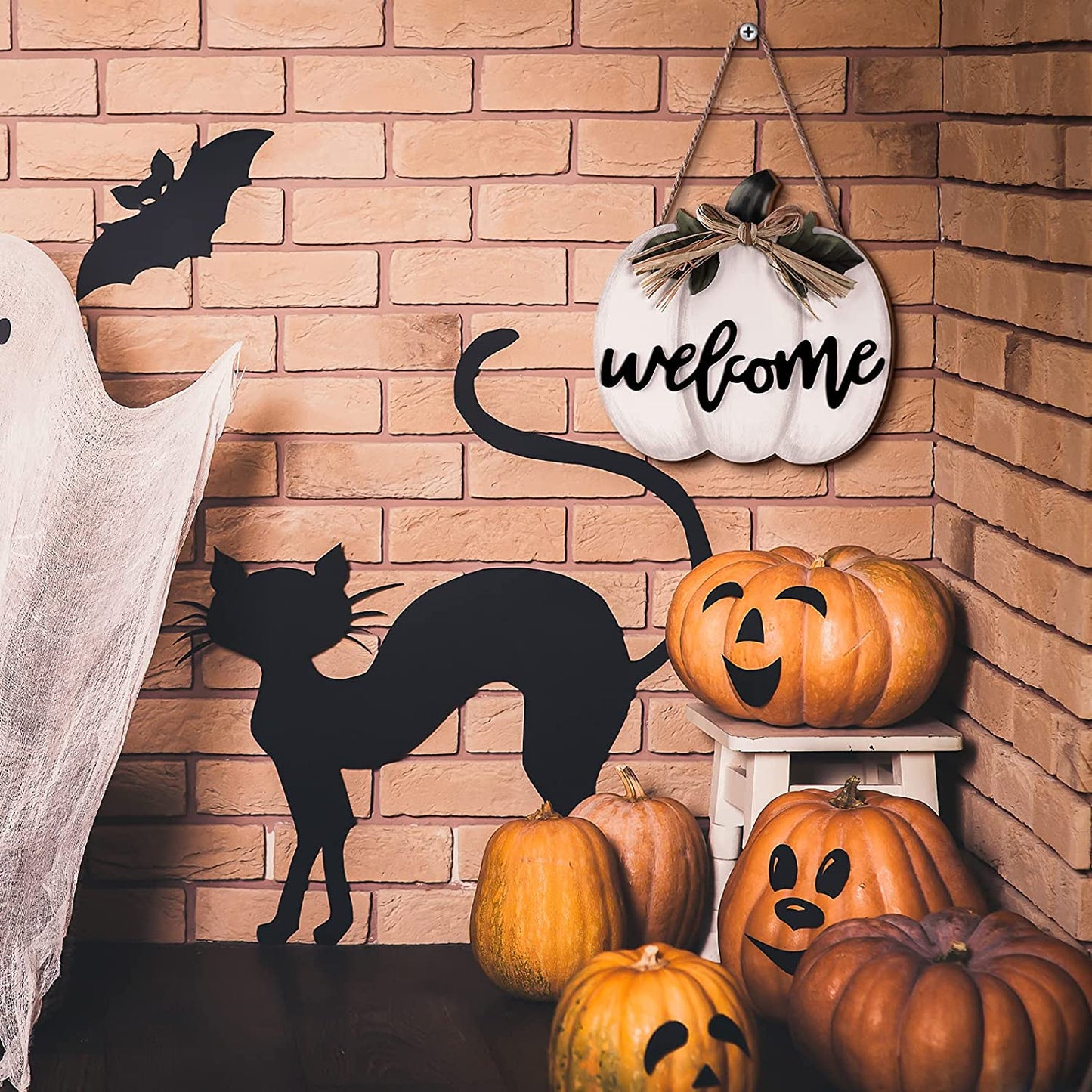 White Fall Pumpkin Harvest Hanging Welcome Sign