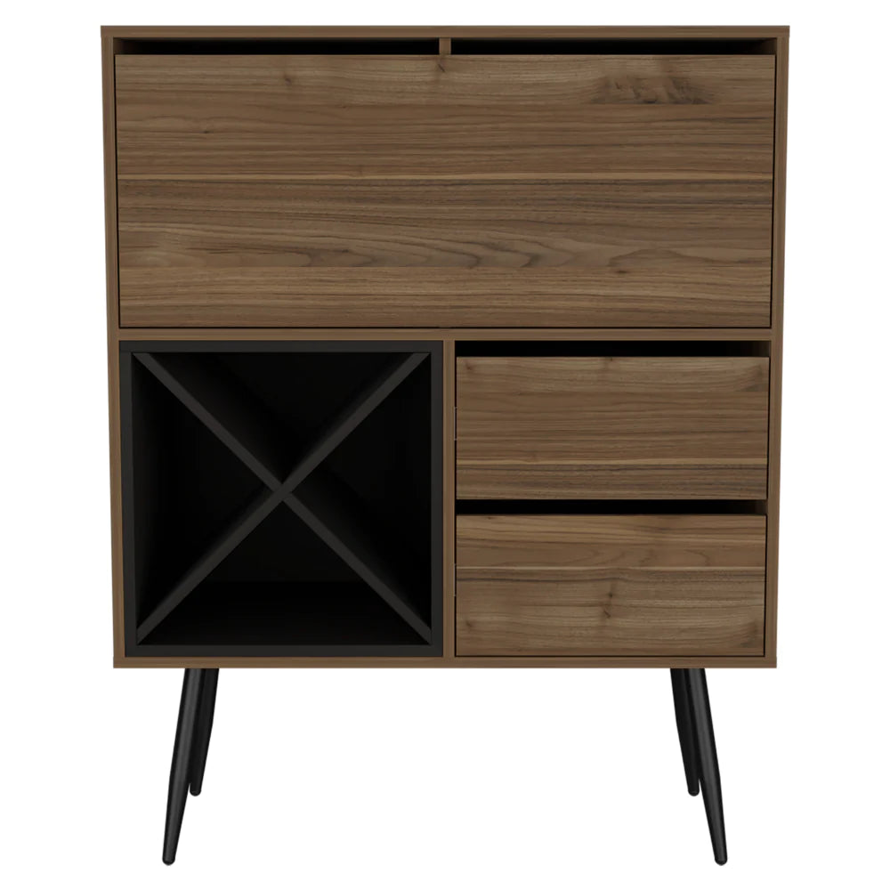 Mid Century Modern Bar, One Cabinet, Two Drawers, Mahogany / Black Wengue Finish