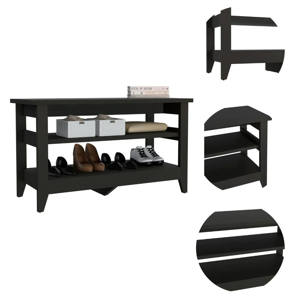 Black Modern Storage Bench with Upper and Lower Shelf