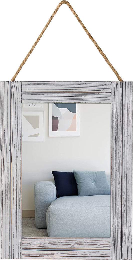 12 X 16in Gray Rustic Wood Rectangular Decorative Mirror with Hanging Rope