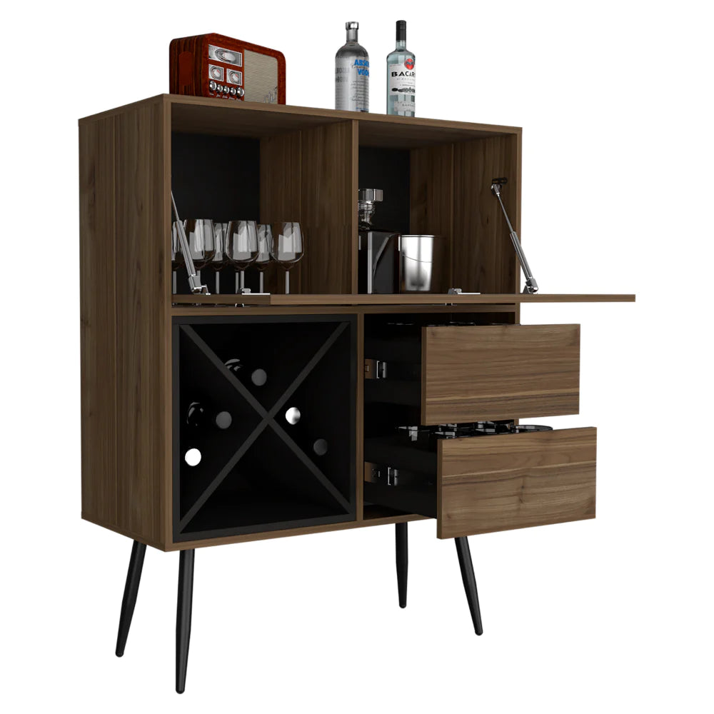 Mid Century Modern Bar, One Cabinet, Two Drawers, Mahogany / Black Wengue Finish