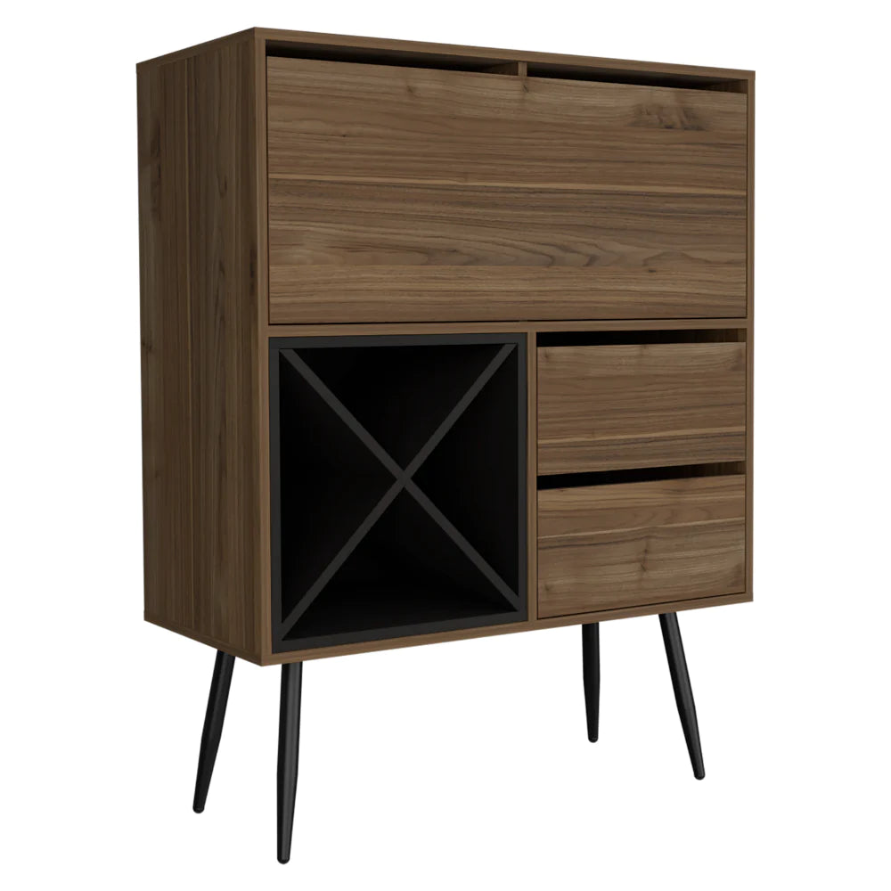 Mid Century Modern Bar, One Cabinet, Two Drawers, Mahogany / Black Wengue Finish