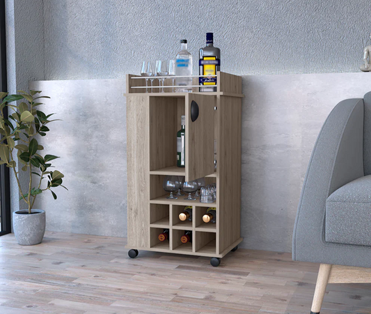 Modern Functional Light Gray Bar Cart with Casters, Six Wine Cubbies and Cabinet