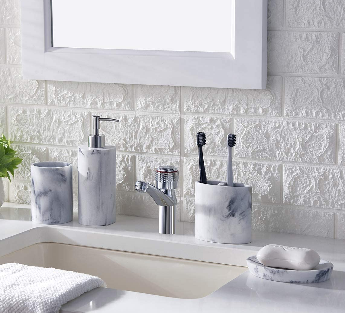 4 Piece Resin Marble Bathroom Set with Soap Dispenser, Toothbrush Holder, Tumbler,  & Soap Dish