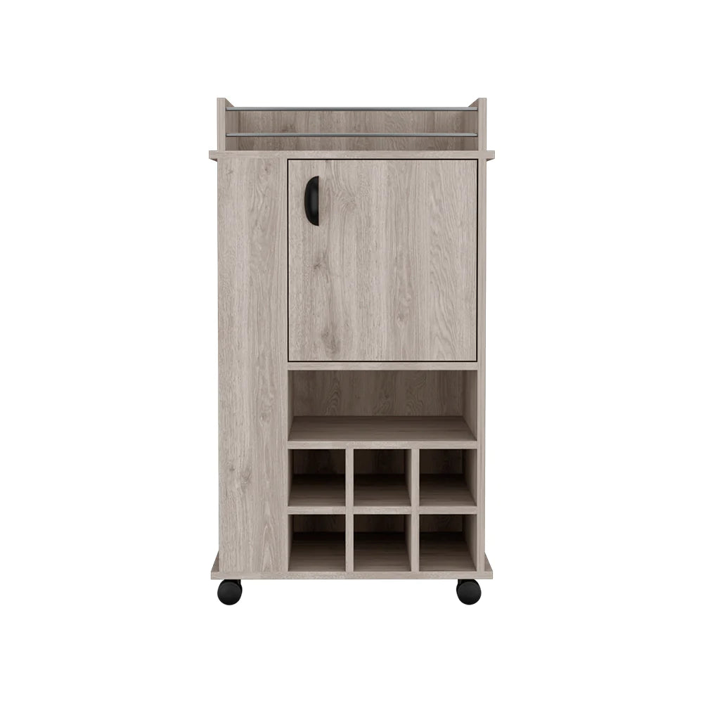 Modern Functional Light Gray Bar Cart with Casters, Six Wine Cubbies and Cabinet