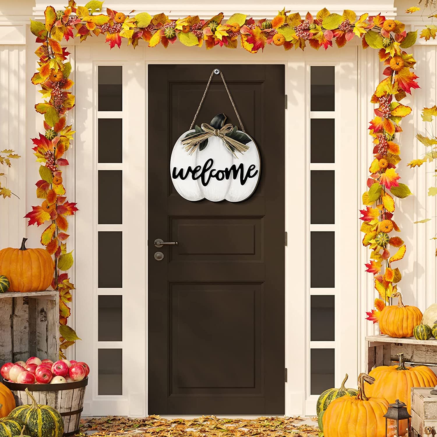 White Fall Pumpkin Harvest Hanging Welcome Sign