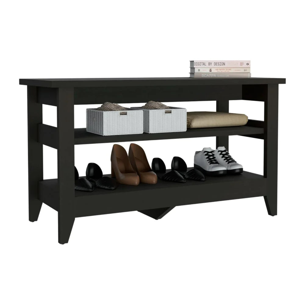 Black Modern Storage Bench with Upper and Lower Shelf