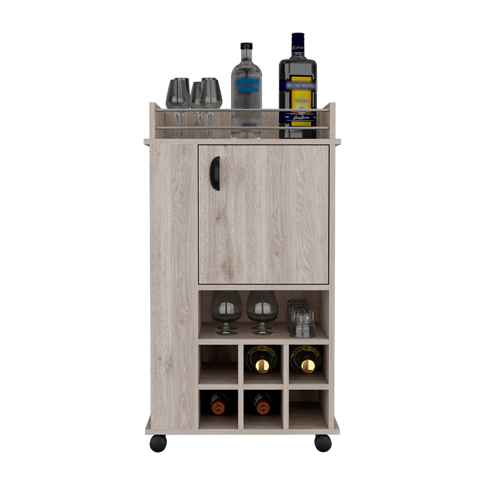 Modern Functional Light Gray Bar Cart with Casters, Six Wine Cubbies and Cabinet