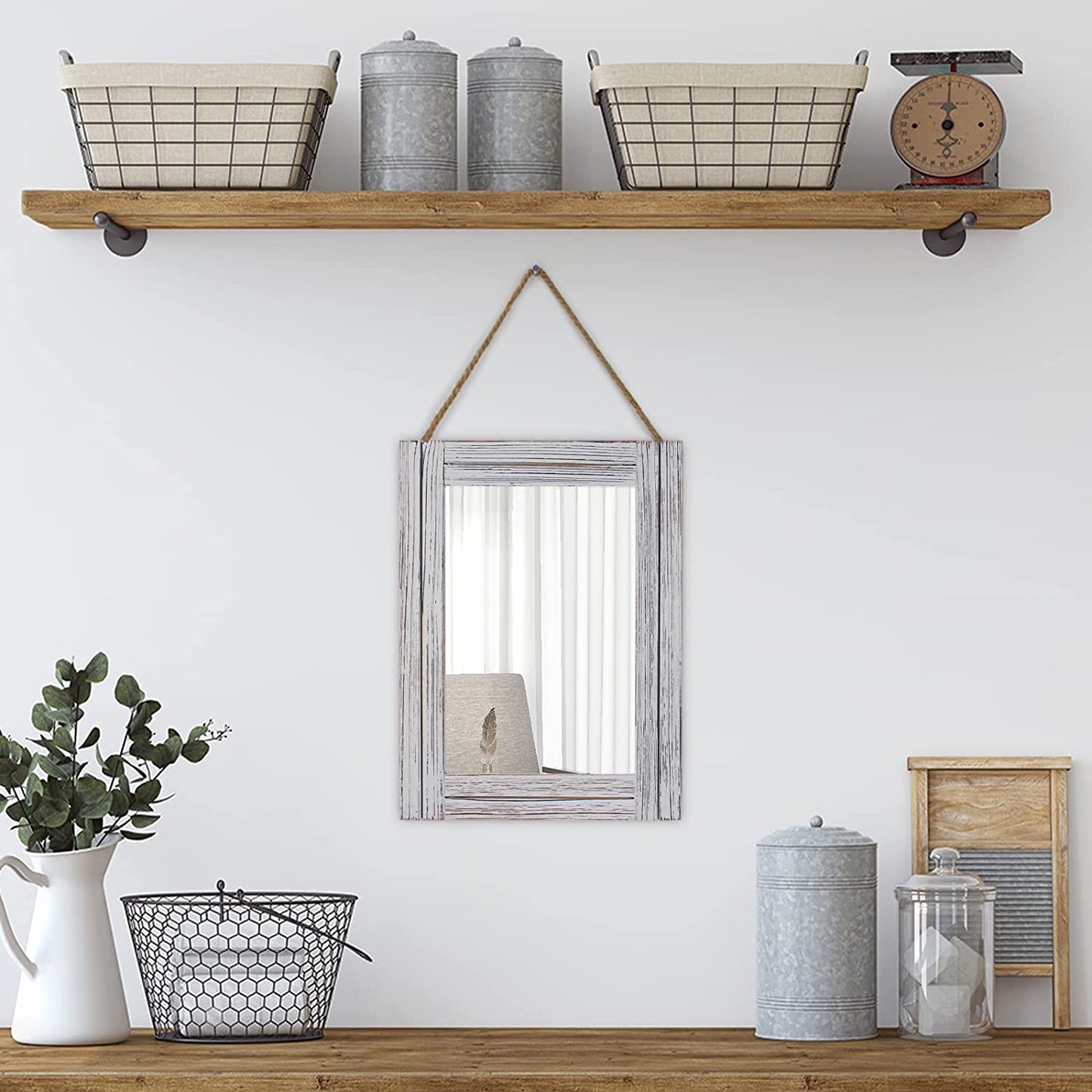 12 X 16in Gray Rustic Wood Rectangular Decorative Mirror with Hanging Rope