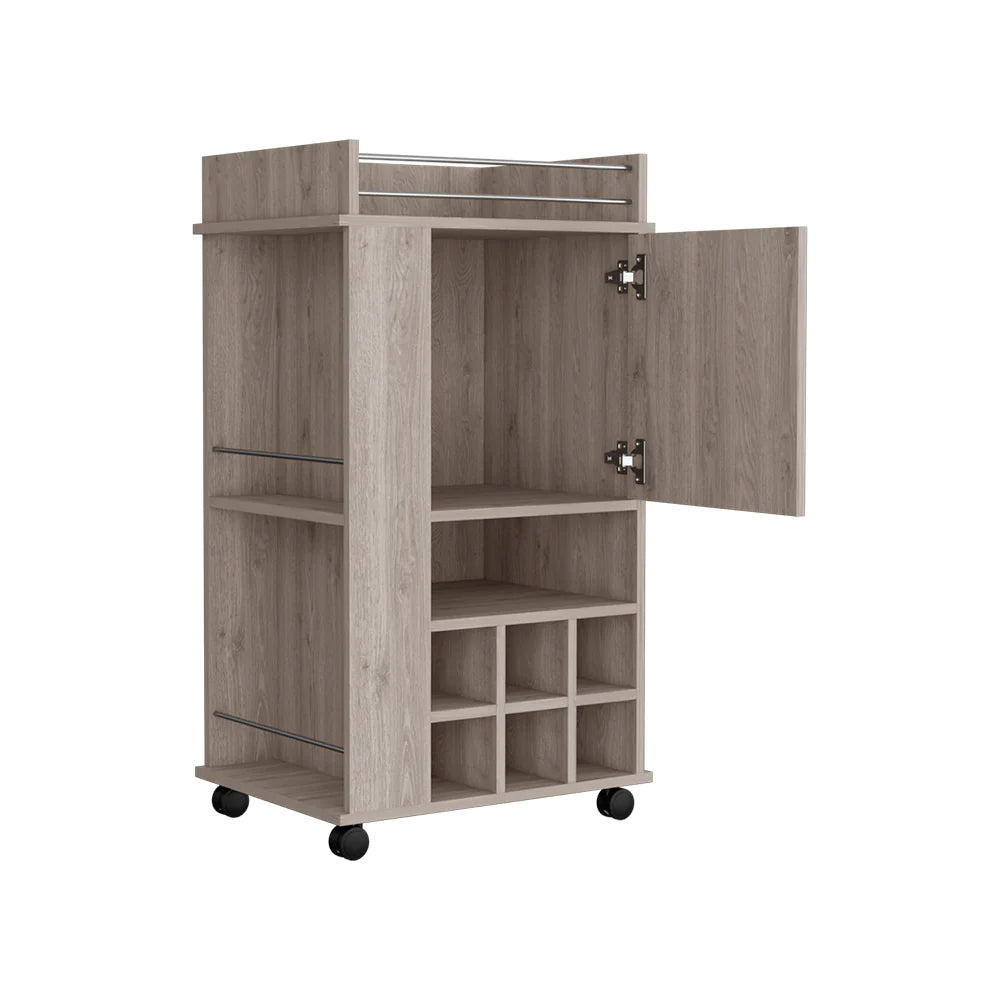 Modern Functional Light Gray Bar Cart with Casters, Six Wine Cubbies and Cabinet