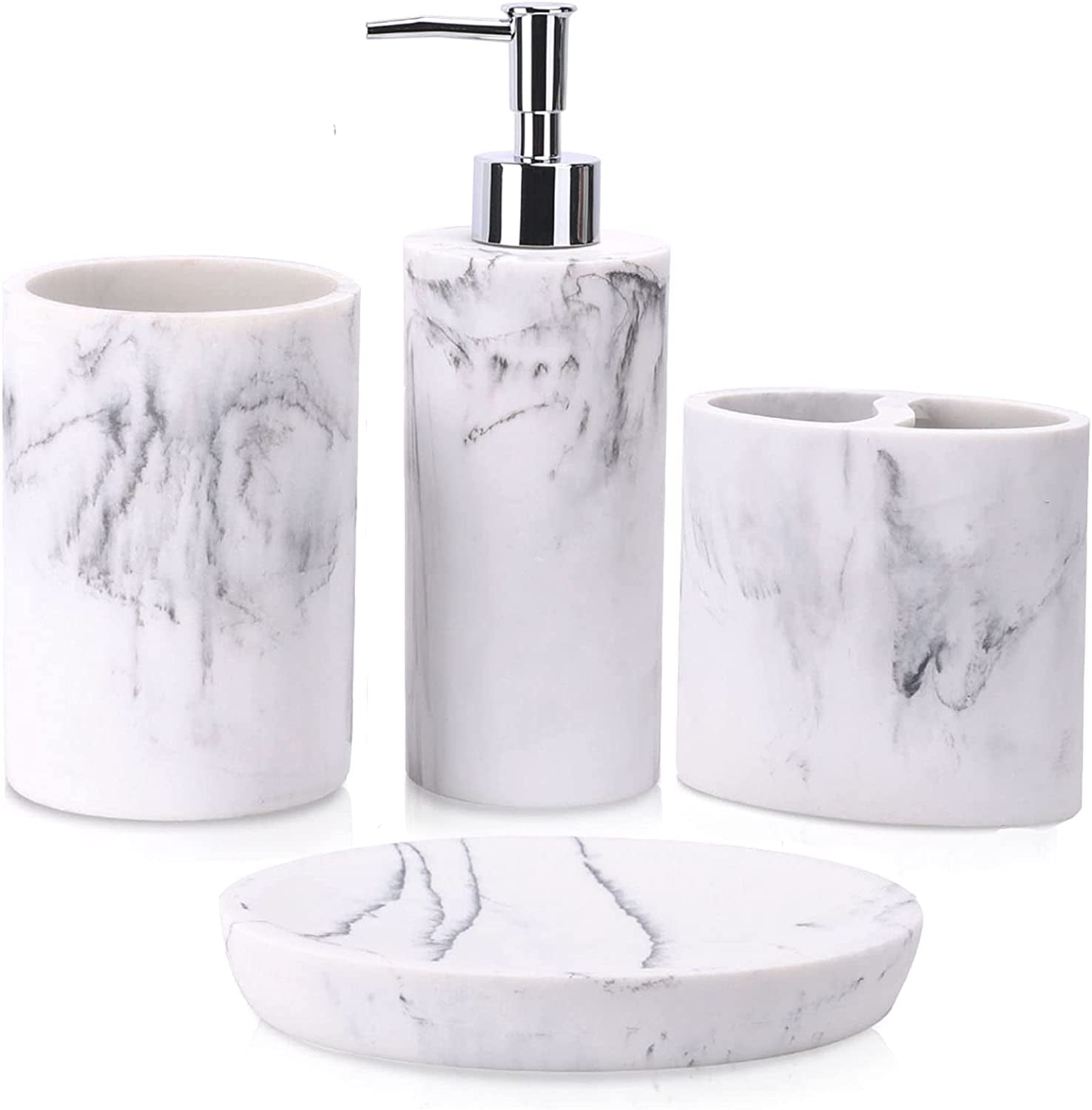 4 Piece Resin Marble Bathroom Set with Soap Dispenser, Toothbrush Holder, Tumbler,  & Soap Dish