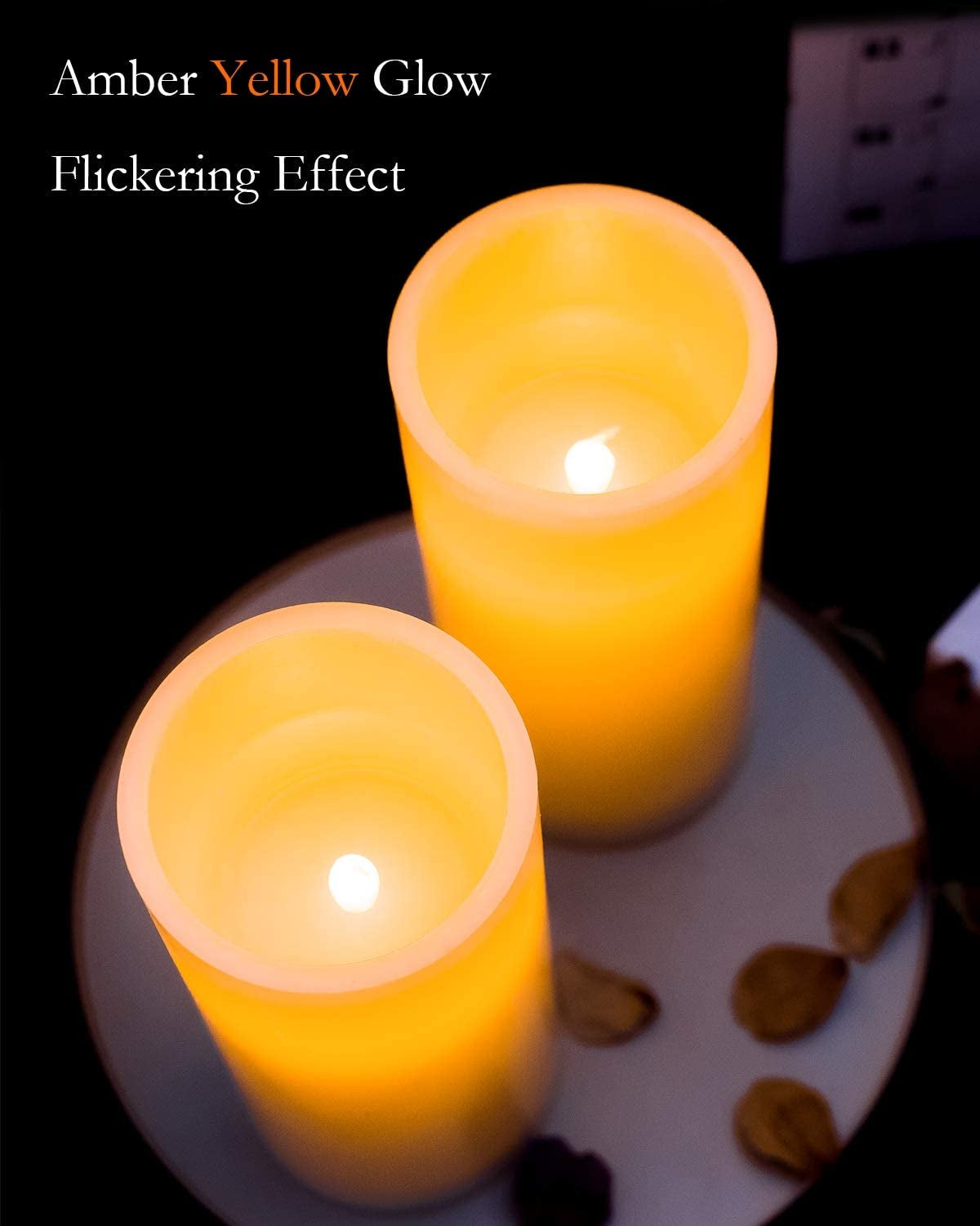  9" Ivory White Wax Flickering Pillar Flameless Candles, Battery Operated with Timer & Remote Controls