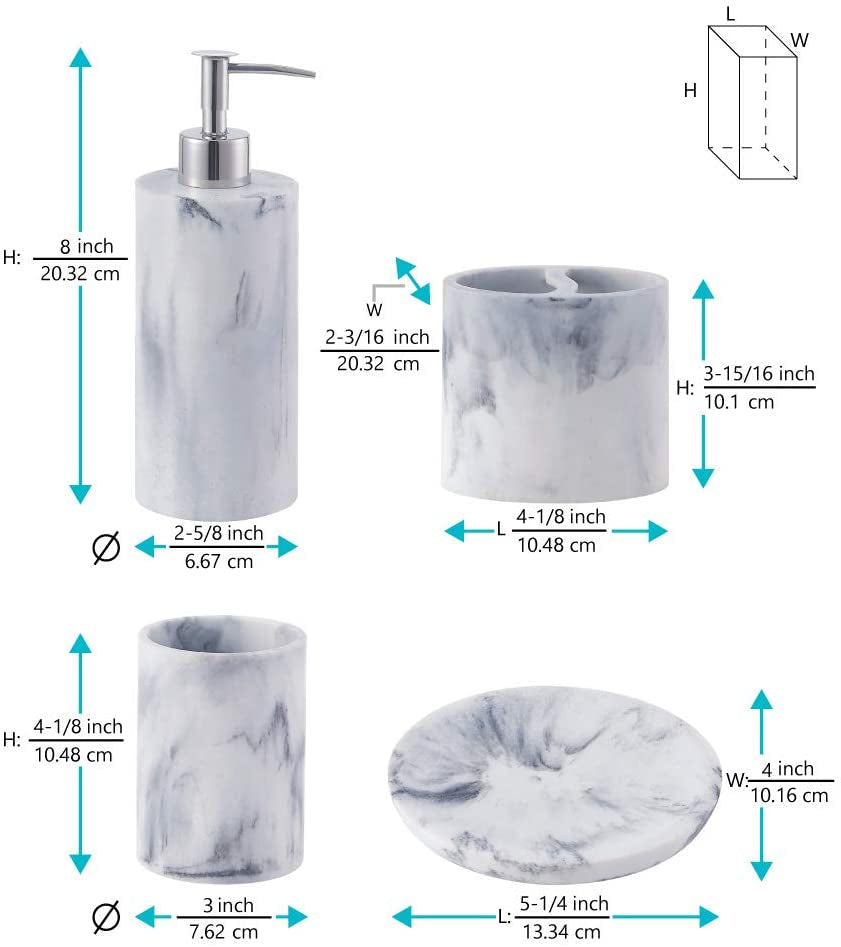 4 Piece Resin Marble Bathroom Set with Soap Dispenser, Toothbrush Holder, Tumbler,  & Soap Dish