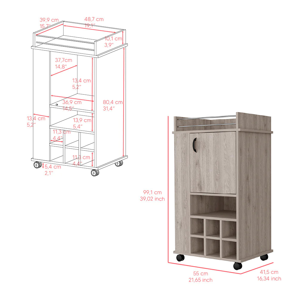 Modern Functional Light Gray Bar Cart with Casters, Six Wine Cubbies and Cabinet