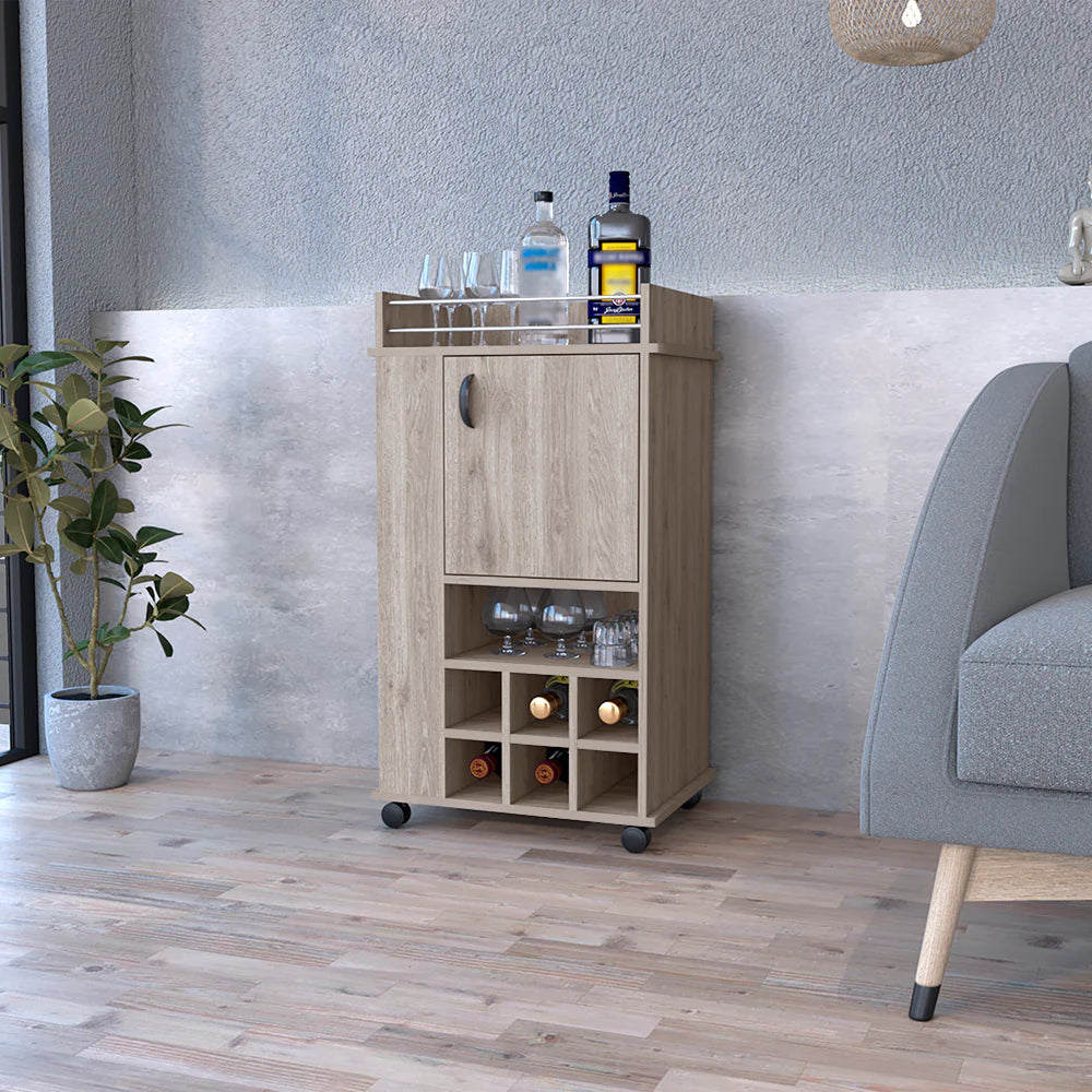 Modern Functional Light Gray Bar Cart with Casters, Six Wine Cubbies and Cabinet