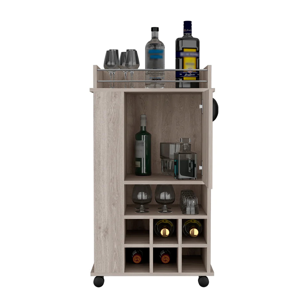 Modern Functional Light Gray Bar Cart with Casters, Six Wine Cubbies and Cabinet