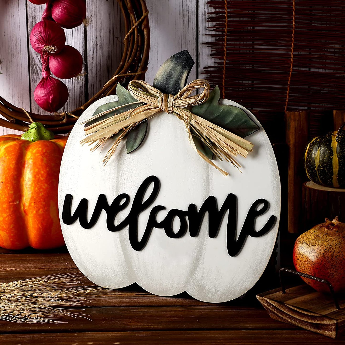 White Fall Pumpkin Harvest Hanging Welcome Sign