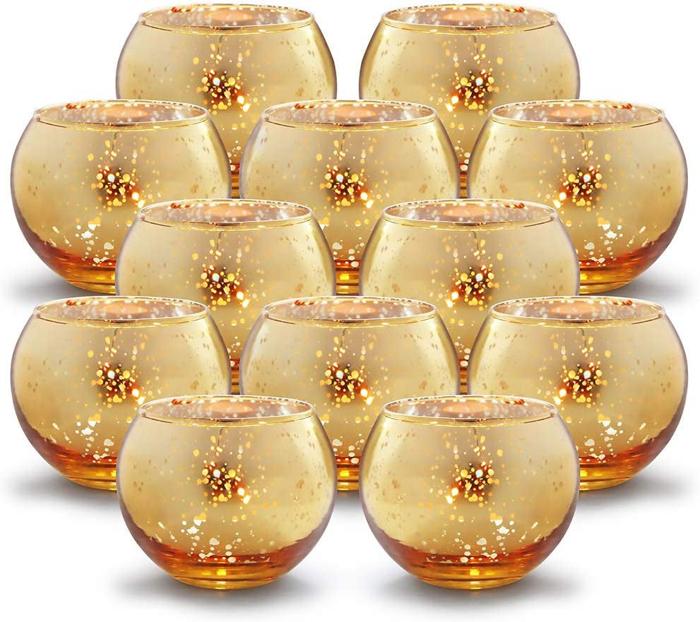  12 Piece Set Gold Mercury Glass Votive Candle Holders