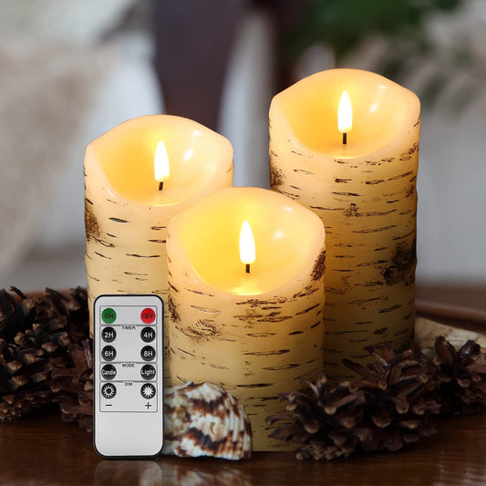 3 Piece Birch Bark Flameless Real Wax Candles with Remote 