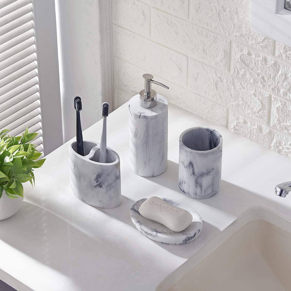 4 Piece Resin Marble Bathroom Set with Soap Dispenser, Toothbrush Holder, Tumbler,  & Soap Dish