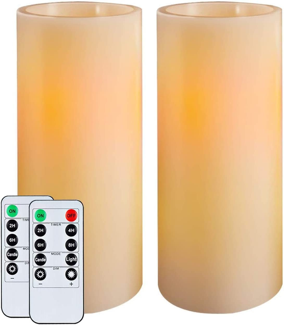  9" Ivory White Wax Flickering Pillar Flameless Candles, Battery Operated with Timer & Remote Controls