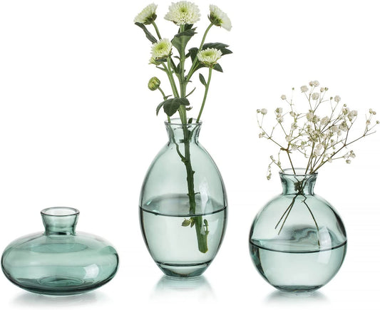 Set of 3 Green Glass Bud Vase 