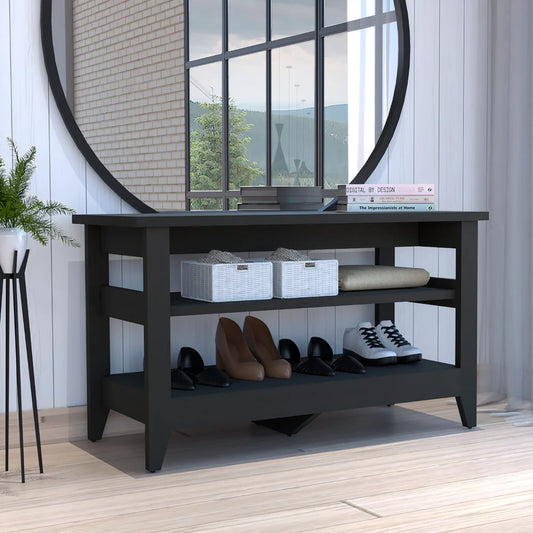 Black Modern Storage Bench with Upper and Lower Shelf