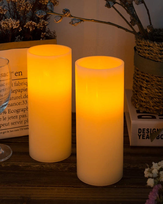  9" Ivory White Wax Flickering Pillar Flameless Candles, Battery Operated with Timer & Remote Controls