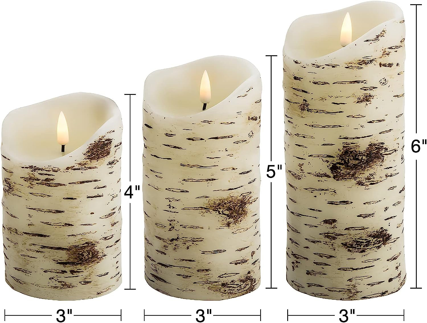 3 Piece Birch Bark Flameless Real Wax Candles with Remote 