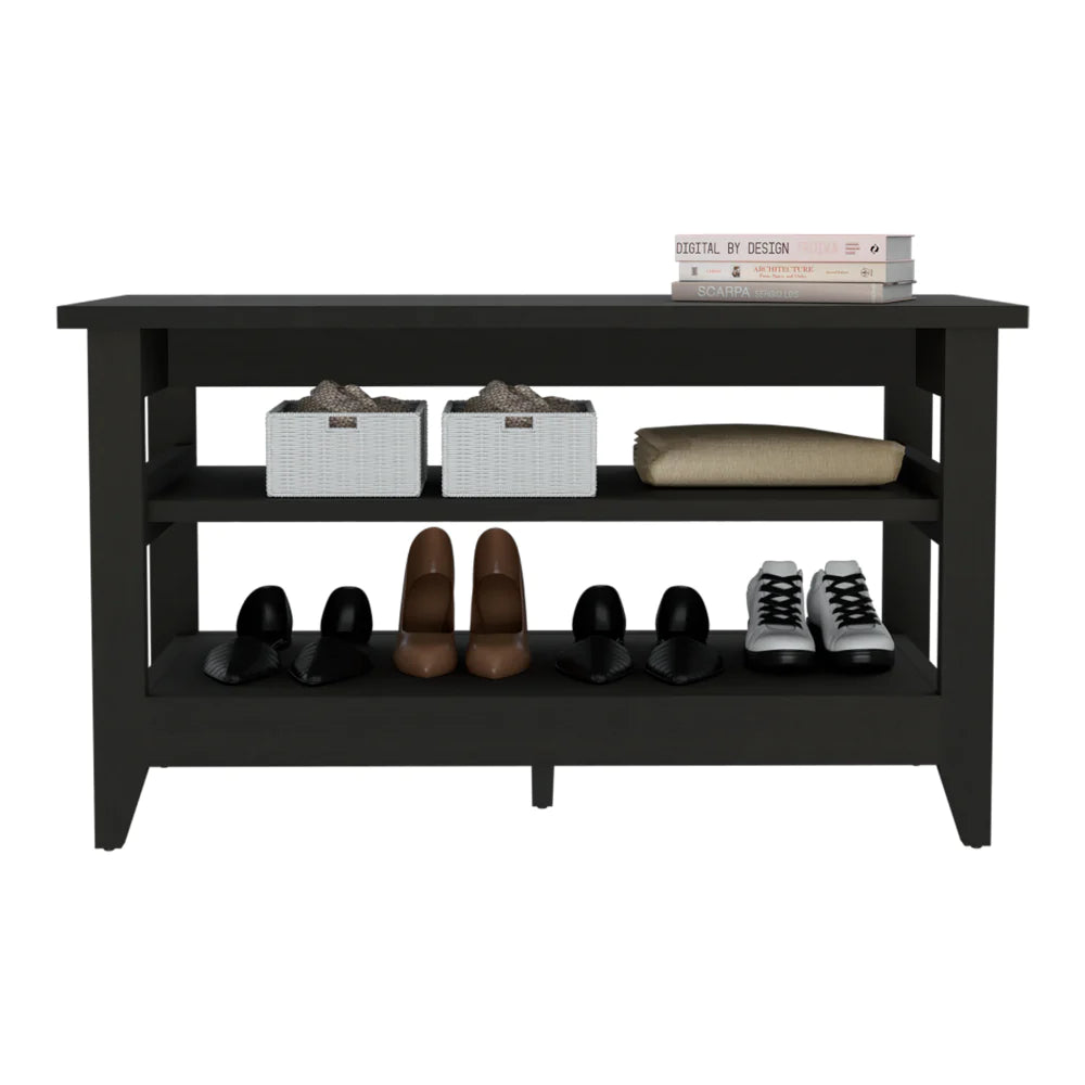 Black Modern Storage Bench with Upper and Lower Shelf