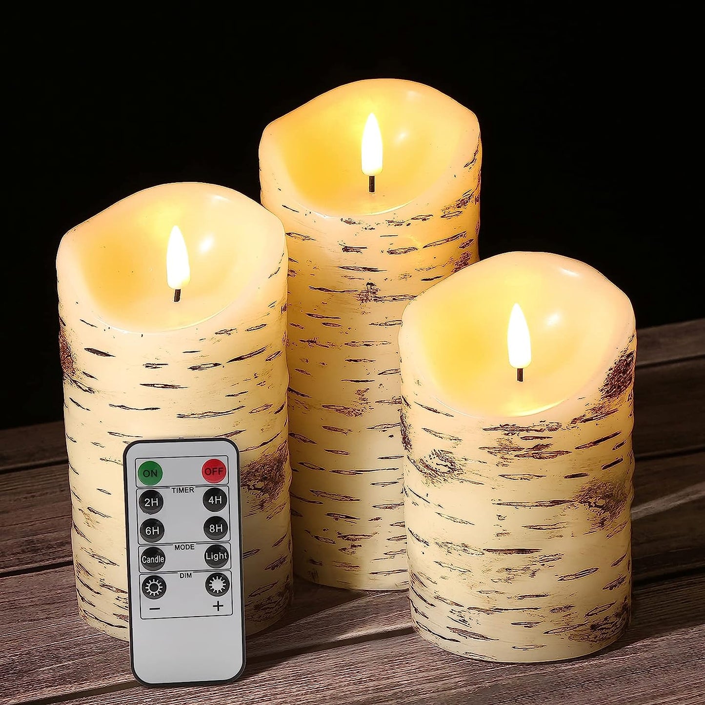 3 Piece Birch Bark Flameless Real Wax Candles with Remote 